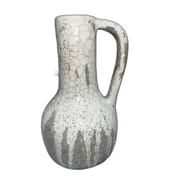 Gray and White Crackled Drip Pottery Mid Century Modern Handle Vase Farmhouse - Picture 4 of 7